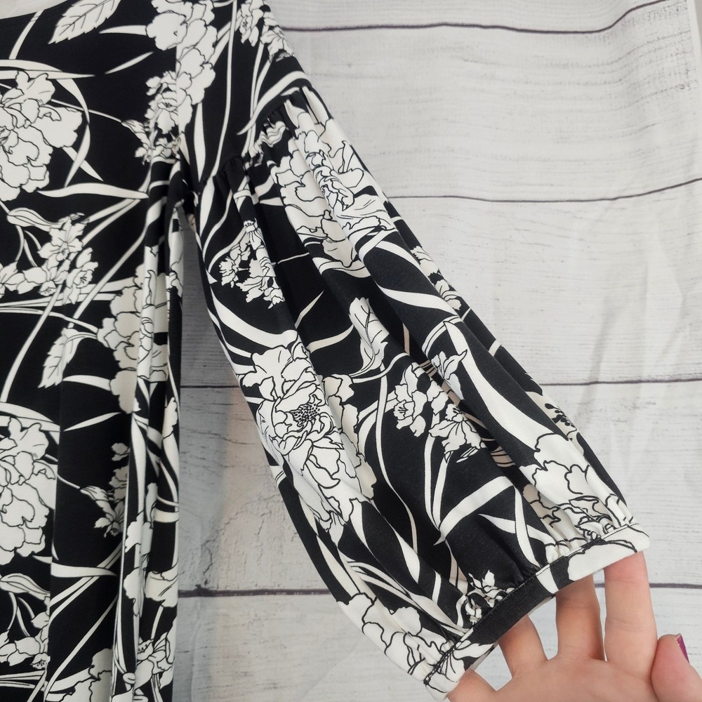 bryn WALKER L Large Lantern Long Sleeve Dress Black & White Floral NWT $210 L803 - Picture 5 of 8